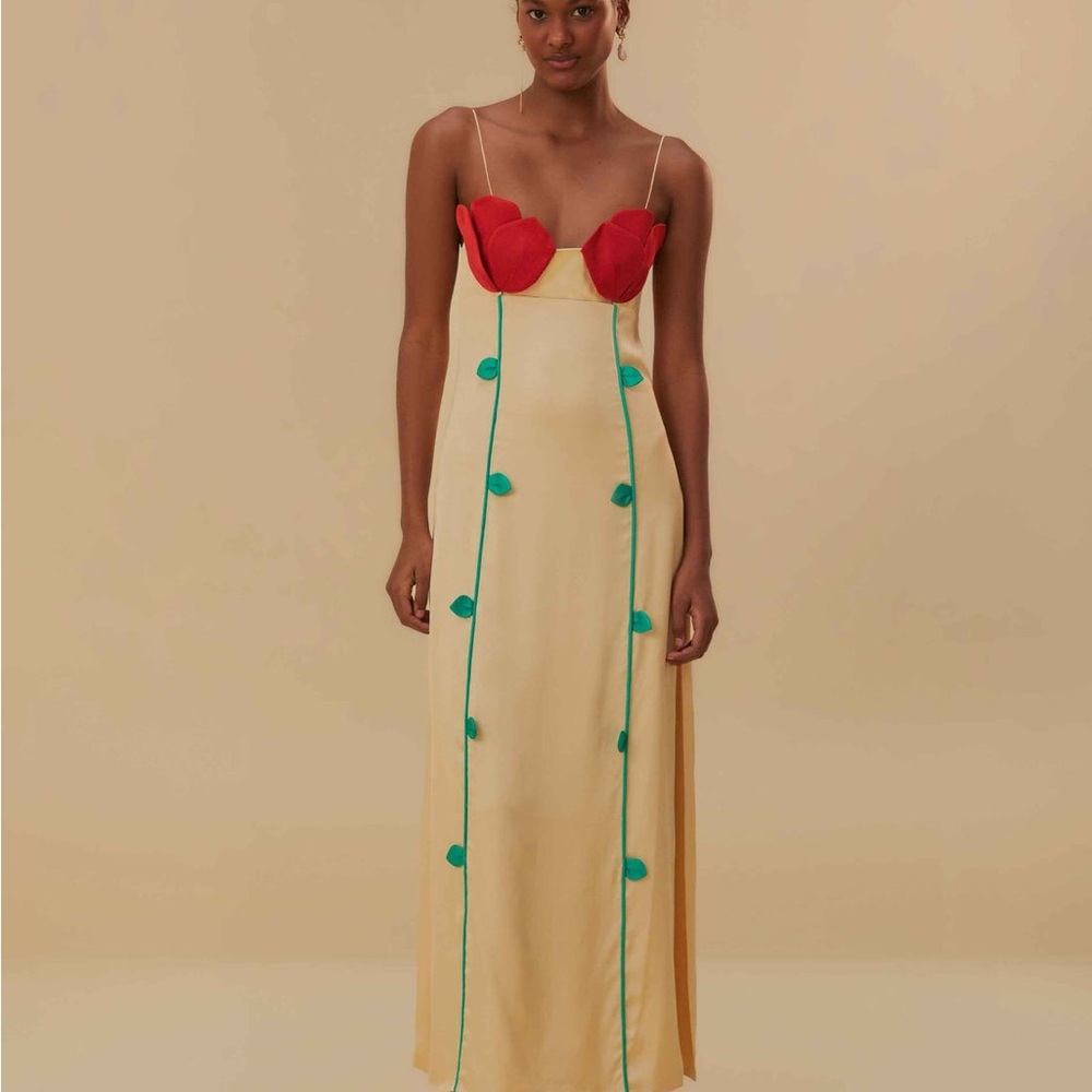Farm Rio Beige Rose Shaped Bodice Sleeveless Maxi Dress Brand NWT